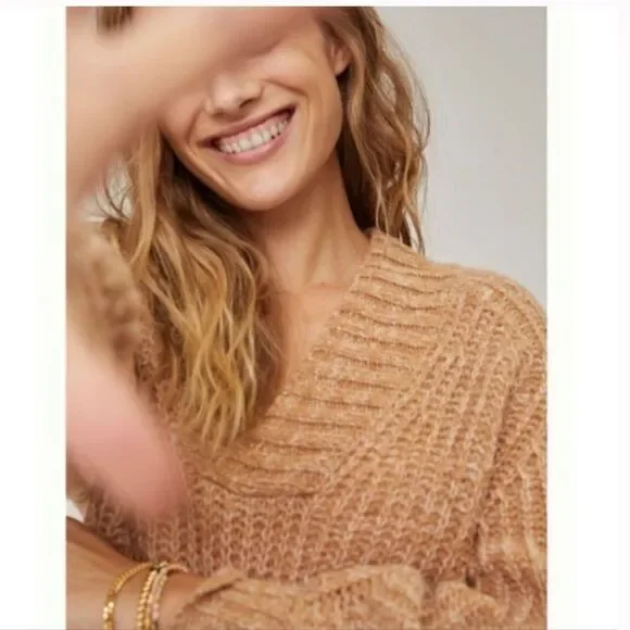 Anthropologie Honore Ribbed V Neck Chunky Knit Wool Sweater in Honey Sz XSP - Picture 4 of 16